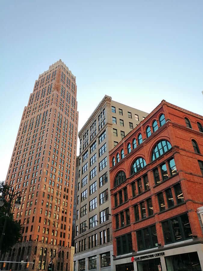 Skyline of Detroit with art deco buildings seen during a weekend in Detroit