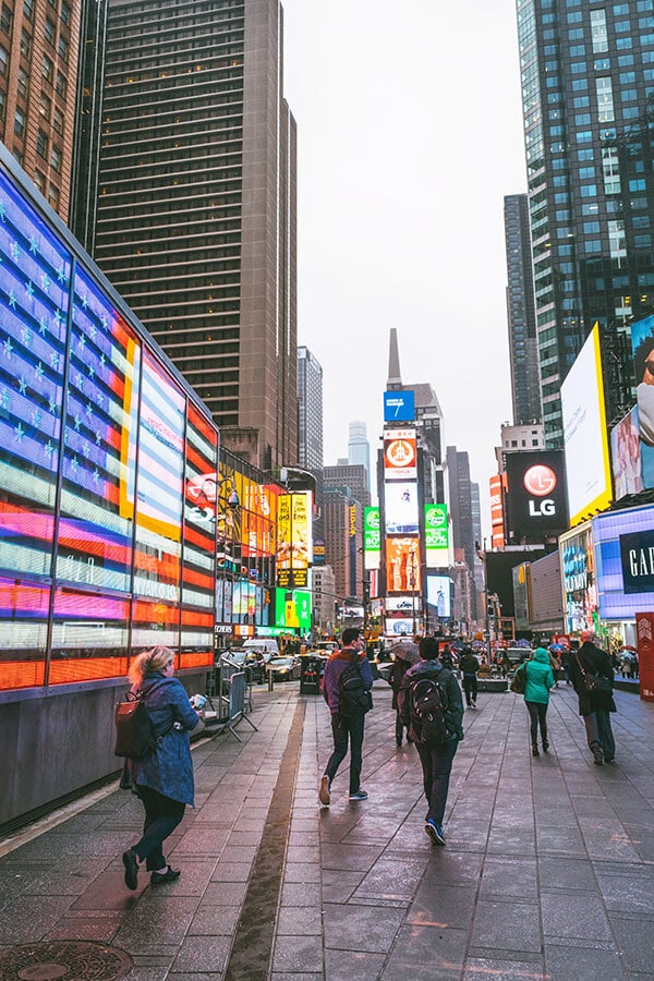 Classic photo of Times Square in New York City including the neon American flag!