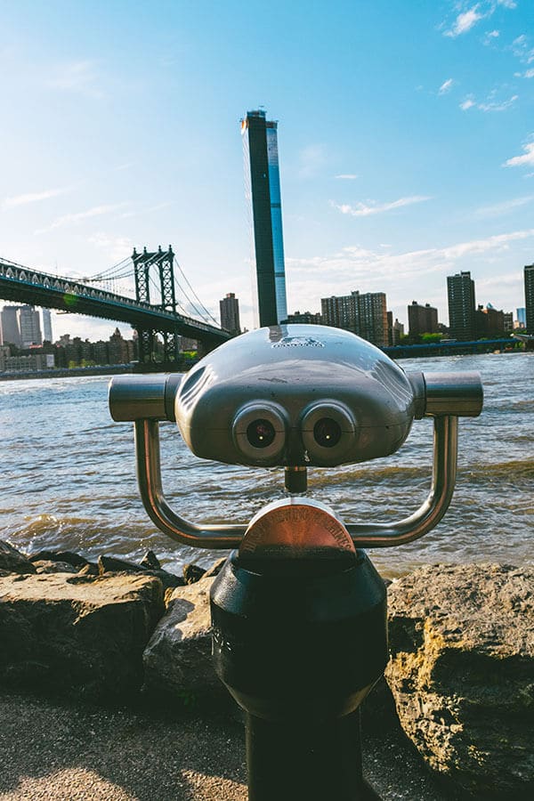 Viewfinder with a view of Manhattan seen from Brooklyn waterfront.