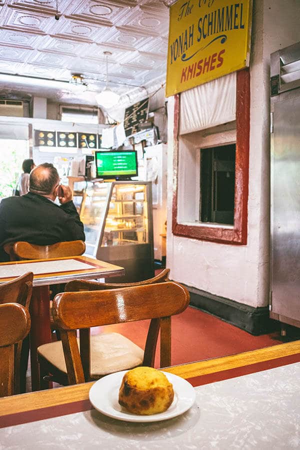 Knish at Yonah Schimmel's Knishery in the Lower East Side, an iconic Jewish bakery in New York City