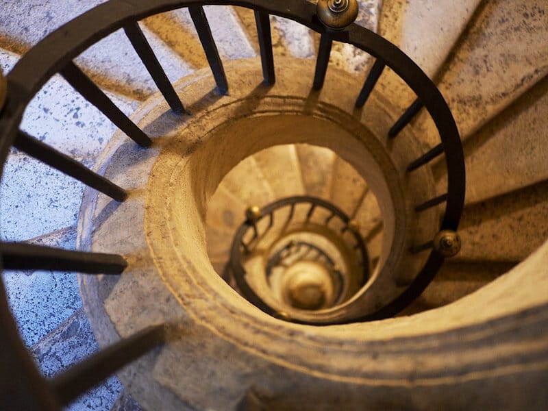 Beautiful spiral staircase in Santa Maria Maggiore Cathedral, an off the beaten path church that is absolutely beautiful in Rome, Italy. #travel #rome #italy #roma